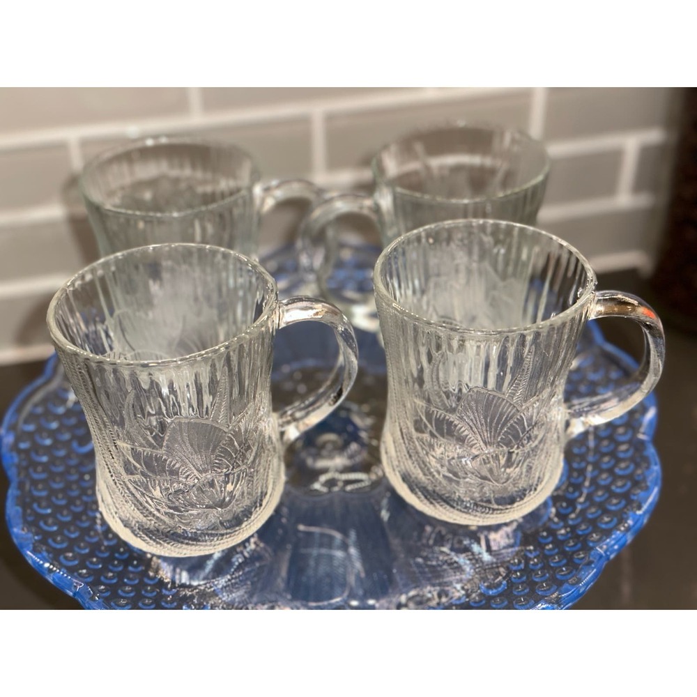 Set of 6 Arcoroc Canterbury Crocus Clear French Glass Mug Cup, Pressed Glass